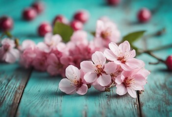 Fototapeta na wymiar Spring floral background Fresh pink cherry flowers on turquoise vintage wooden background close-up m