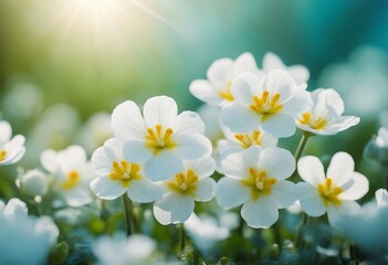 Spring forest white flowers primroses on a beautiful gentle light blue background Macro Floral deskt