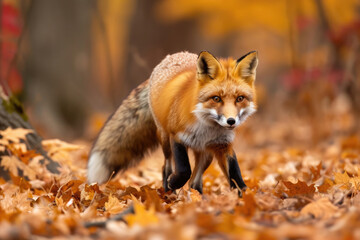 Naklejka na ściany i meble A red fox gracefully moves through an autumn forest