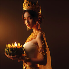 Beautiful young woman in traditional Thai dress holding krathong flower in her hands in loy krathong day concept
