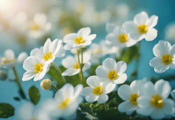 Fototapeta na wymiar Spring forest white flowers primroses on a beautiful gentle light blue background Macro Floral deskt