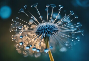 Transparent drops of water on a dandelion macro flower Sparkling droplets water Beautiful bright blu