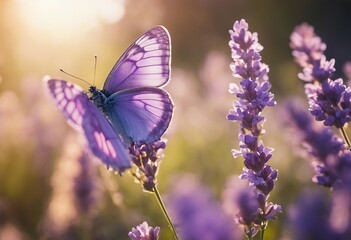 Two lilac butterfly on Lavender flowers in rays of summer sunlight in spring outdoors macro in wildl