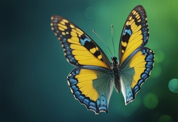 Very beautiful blue yellow green butterfly in flight isolated on a transparent background