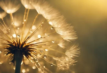 Tuinposter Macrofotografie Water drops on dandelion seed macro in nature in yellow and gold tones