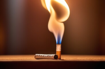 two cigarettes on the table, one with a burning flame in close-up, the concept of a healthy lifestyle and harm to health from smoking