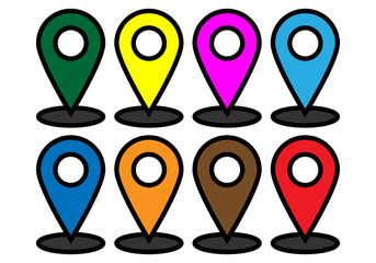 Hoja de iconos de marcadores de ubicación en fondo banco.