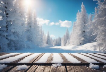 Winter Christmas scenic landscape with copy space Wooden flooring white trees in forest covered with
