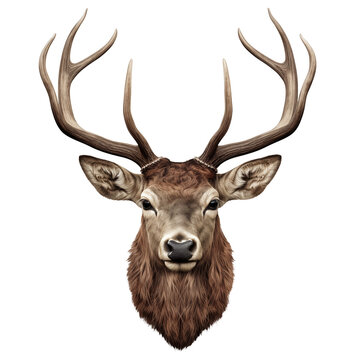 Deer head with antlers isolated on a white or transparent background close-up. Overlay of deer head for insertion. A design element to be inserted into a design or project.