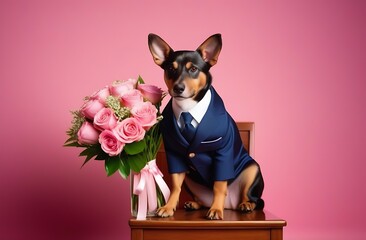 A Chihuahua dog in a business blue suit sits on a wooden chair with a bouquet on a pink background. A place to insert text. The banner