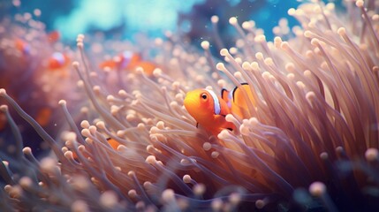Camouflaged Beauty Showcase a clownfish perfectly camouflaged within the anemone, blending in seamlessly with the tentacles and the surrounding environment - obrazy, fototapety, plakaty
