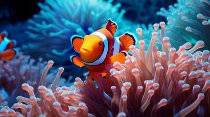 Fototapeta na wymiar Camouflaged Beauty Showcase a clownfish perfectly camouflaged within the anemone, blending in seamlessly with the tentacles and the surrounding environment