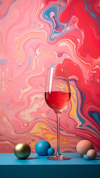 A glass of sparkling wine on a bright background with empty space. Background with geometric shapes.