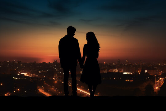 Silhouette of couple man and woman in front of twilight cityscape. Dark colors sky beautiful past sunset. Two people in romantic relationship holding their hands. Full body photo
