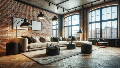 comfortable sofa placed on a rug near a brick wall with lamps and black round tables in a spacious room with windows