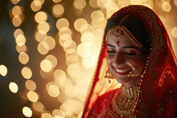 a happy indian bride wearing traditional red attire bokeh style background