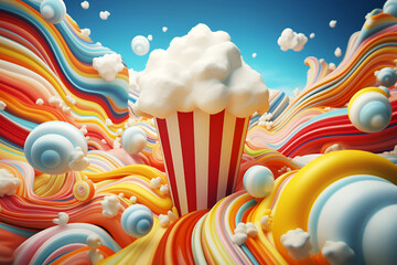 Surreal background of sweet popcorns is unusual and colorful. - obrazy, fototapety, plakaty