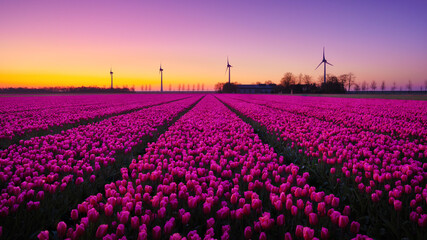 A field of tulips during sunset. A wind generator in a field in the Netherlands. Green energy...