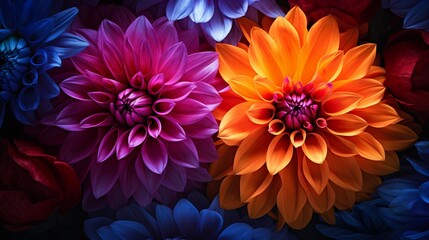 Contrasting Colors Photograph Dahlias with contrasting colors in the background, creating a visually striking composition. Experiment with complementary color combinations to enhance the vibrancy