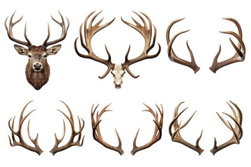 Set of deer head and antlers isolated on a white or transparent background close-up. Overlay of deer antlers for insertion. A design element to be inserted into a design or project.