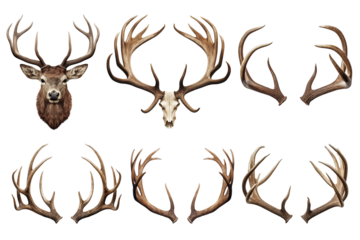 Set of deer head and antlers isolated on a white or transparent background close-up. Overlay of deer antlers for insertion. A design element to be inserted into a design or project.