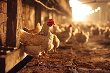 Chickens on a farm at sunset. - obrazy, fototapety, plakaty