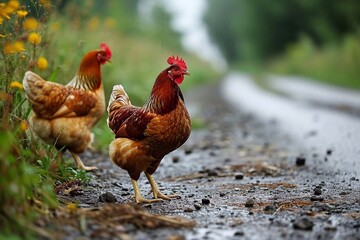 Fototapeta premium Chickens walking along a wet dirt road in the countryside in the rain, close-up