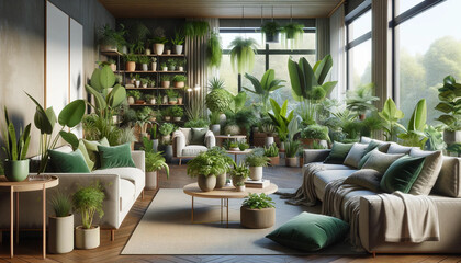 A living room interior with a focus on green houseplants and comfortable sofas. The room is filled with various houseplants of different sizes and typ