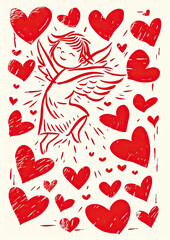 Rustic red Valentines Day vintage style linocut postcard with cupid and hearts