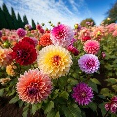 Dahlia Garden Capture a wide shot of a Dahlia garden, showcasing rows of blooming Dahlias. Focus on the variety of colors and sizes, capturing the overall beauty of the garden