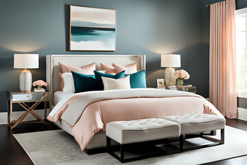 Modern Honeymoon Retreat Bedroom Decor with a muted color scheme, off-whites, and soft grays. Selective focus