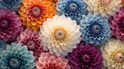 Dahlia Patterns Photograph Dahlia flowers from above, showcasing their radial patterns. Emphasize the geometric symmetry of the petals, creating a visually appealing and balanced image