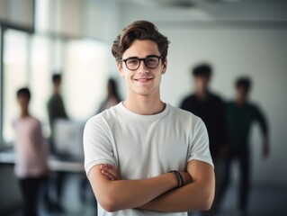 happy european high school student guy standing in classroom with arms crossed.
