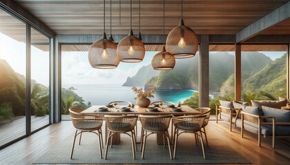 featuring rattan pendant lights hanging over a dining table, set against a backdrop of a scenic ocean view - obrazy, fototapety, plakaty