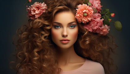 Naklejka premium A trendy photo showing a stunning young woman with flowers in her hair, showing off flawless makeup, flawless complexion, and generally beautiful looks