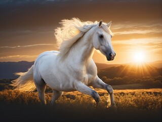 Obraz na płótnie Canvas portrait of a white horse with long hair blowing in the wind at sunset