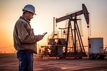 engineer man control oil rig with mobile phone, Generative AI