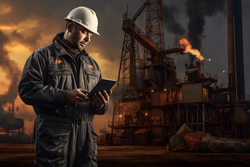 engineer man control oil rig with mobile phone, Generative AI