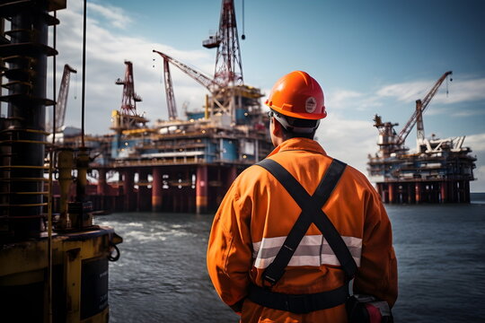 engineer man stand in front of ocean oil rig, Generative AI