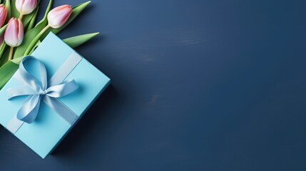 tulips and gift, box on a blue background. card for Valentine's Day, March 8, Mother's Day, Birthday. Place for text - obrazy, fototapety, plakaty