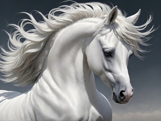 portrait of a white horse with long hair blowing in the wind