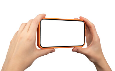 Hands hold mobile phone screen mockup, horizontal smartphone display mock up isolated on white - obrazy, fototapety, plakaty