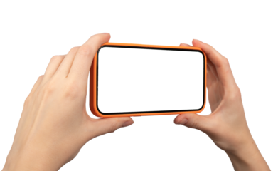 Hands hold mobile phone screen mockup, horizontal smartphone display mock up isolated on white