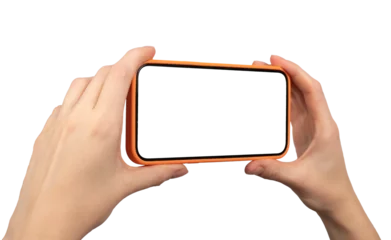 Foto op Plexiglas Hands hold mobile phone screen mockup, horizontal smartphone display mock up isolated on white © valiantsin