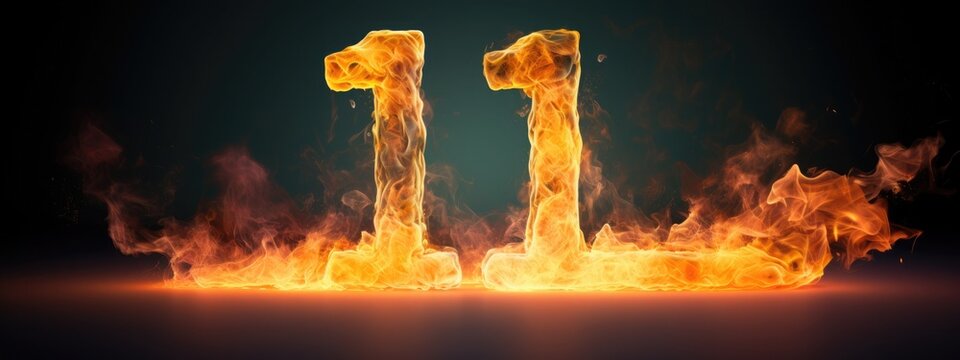 fire number 11 made of fire flames. number one, first symbol. isolated on black. hot red and orange symbol