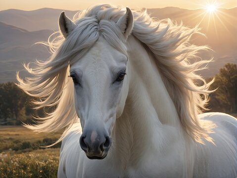 portrait of a white horse with long hair blowing in the wind at sunset