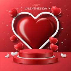 Realistic red 3D cylindrical podium with a heart-shaped background for Valentine's Day