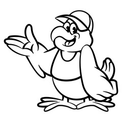 Cartoon illustration of A Big Chicken wearing cap and restaurant uniform with serving gestures. Best for coloring book, logo, and outline with fried chicken culinary business themes for children