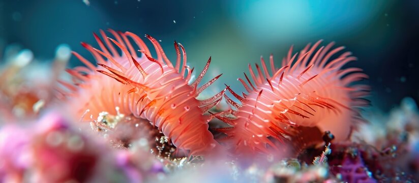 Macro photography of two venomous red spiny fireworms (Amphinomidae family) on the ocean's seabed during scuba diving.