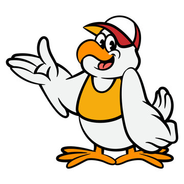 Cartoon illustration of A Big Chicken wearing cap and restaurant uniform with serving gestures. Best for sticker, logo, and mascot with fried chicken culinary business themes for children